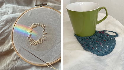 Två bilder: en med broderi i en träram med regnbågsreflex, en med grön kopp på tyg med broderad koppform.