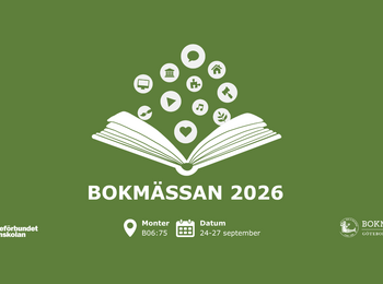 Grön affisch för Bokmässan 2026 med öppen bok och ikoner, datum och platsinformation.