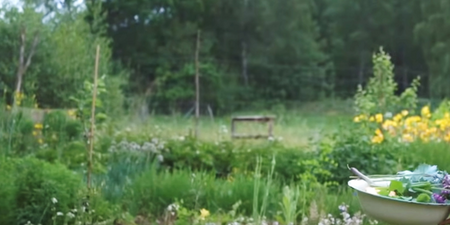 Kvinna med långt ljust hår plockar grönsaker i en trädgård med blommor och grönska.