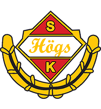 Logotyp för Högs SK med gul och röd färg, texten 'Högs' i mitten och en gul lagerkrans nedtill.
