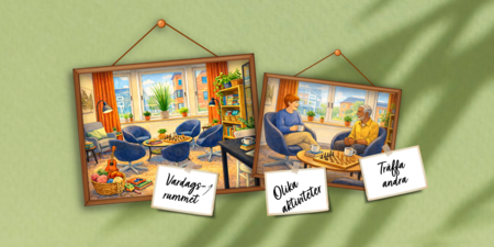 Två illustrationer av ett vardagsrum med blå fåtöljer, växter, schackbräde och två personer som samtalar över kaffe.