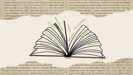 Illustration av en öppen bok med ord som 'liberalism', 'rättsstat' och 'bildning' skrivna på sidorna.