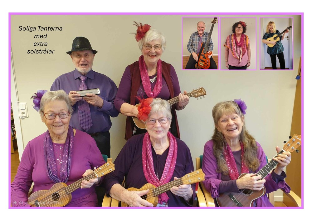 En grupp äldre personer spelar ukulele, gitarr och munspel, klädda i lila och rosa kläder.