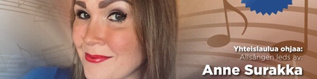 Närbild på en kvinna med långt hår och rött läppstift, med noter i bakgrunden och text om Anne Surakka.