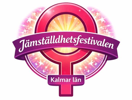 Logotyp för Jämställdhetsfestivalen Kalmar län med kvinnosymbol och glittrande bakgrund.