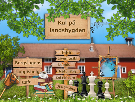 Affisch med träskyltar som visar aktiviteter på landsbygden, framför en röd lada och grönskande träd.