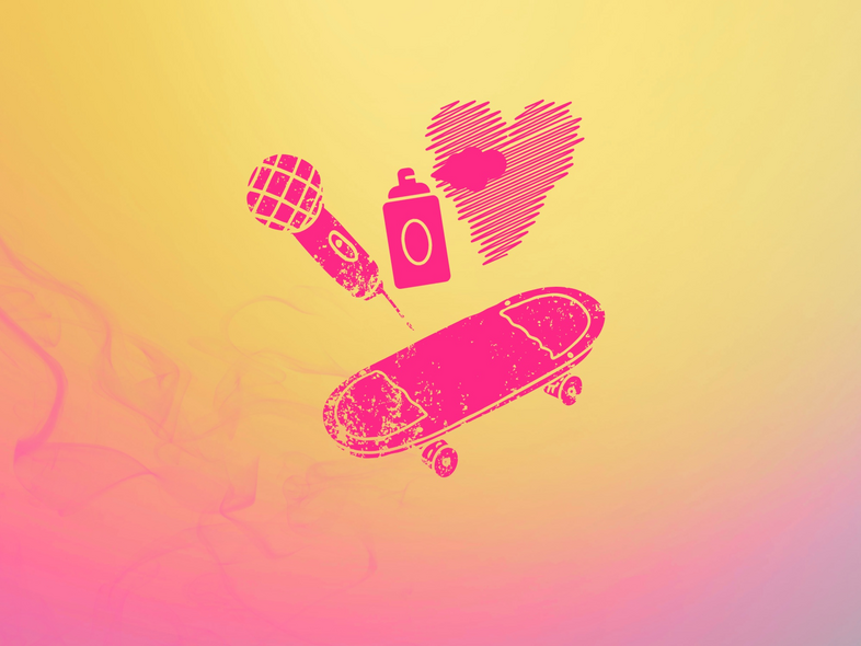 Illustration av en mikrofon, sprayburk, hjärta och skateboard i rosa på en gul-rosa bakgrund.