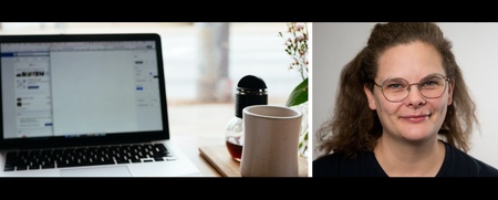 En bärbar dator och kaffekopp på ett bord, samt en kvinna med glasögon som ler mot kameran.