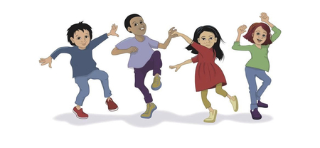 Fyra tecknade barn dansar och ser glada ut mot en vit bakgrund.