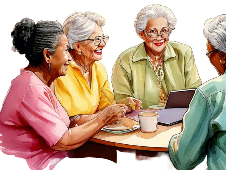 Sex äldre personer sitter runt ett bord och använder digitala enheter, skrattar och samtalar.