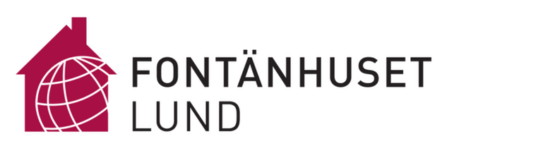 Logotyp för Fontänhuset Lund med ett rött hus och en glob, samt texten 'Fontänhuset Lund'.