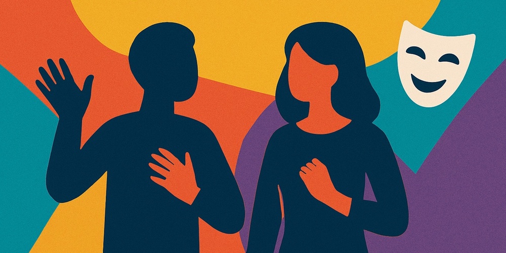 Illustration av två personer utan ansikten, en teatermask och texten 'Workshop i skådespeleri' på färgglad bakgrund.