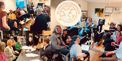 Flera grupper av människor sitter och diskuterar i inomhusmiljöer med böcker, datorer och kaffe.