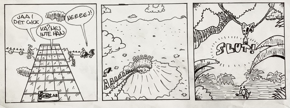 bilden visare en serie tecknad i tre olika rutor 