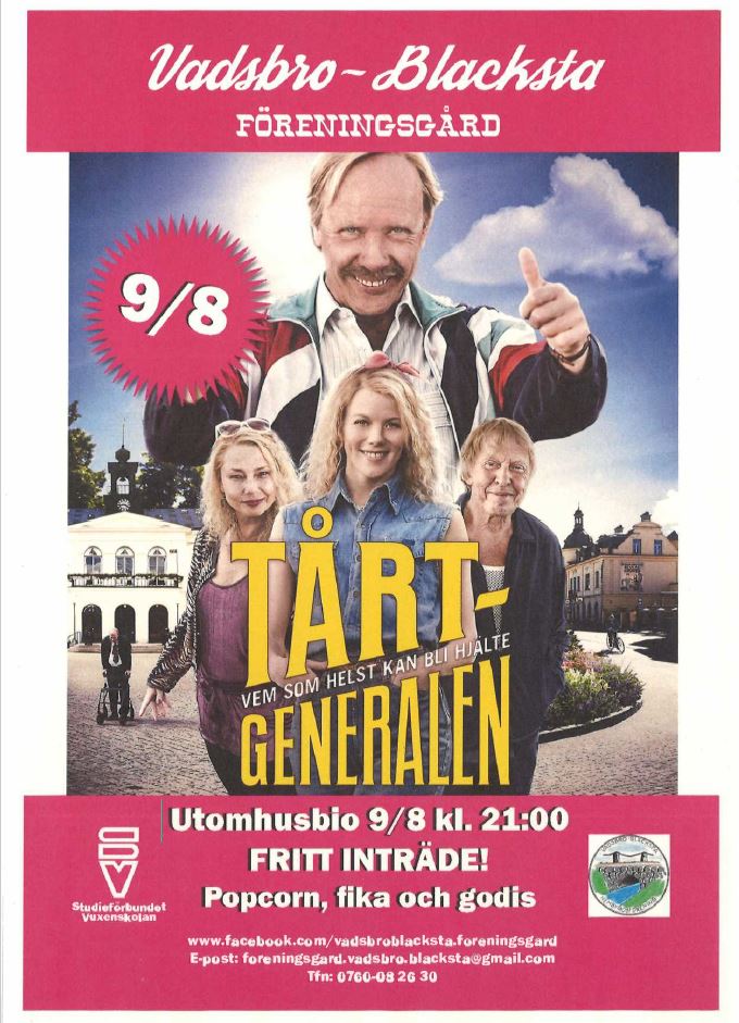 Affisch för utomhusbio med filmen Tårtgeneralen, visar fem personer och information om evenemanget.