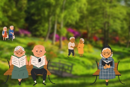 Illustration av äldre personer som sitter på bänkar och promenerar i en grönskande park.