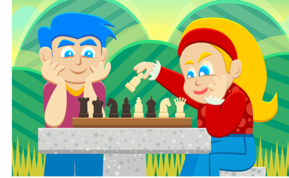 Två tecknade personer spelar schack utomhus vid ett stenbord, med gröna kullar i bakgrunden.