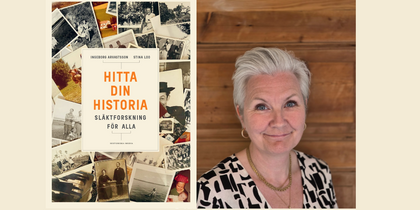 Bokomslag till 'Hitta din historia: släktforskning för alla' och en person med kort grått hår mot trävägg.