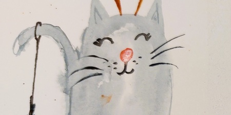 Två akvarellmålningar: en katt med renhorn och julkula, samt färgglada julgranskulor och en pensel.