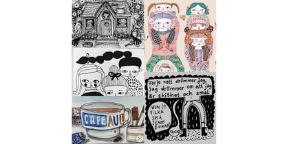Collage med tecknade figurer, hus, kaffekopp och svensk text i svartvitt och färg. Berätta med bilder serieteckning för vuxna av konstnär Camia Pia Boije 