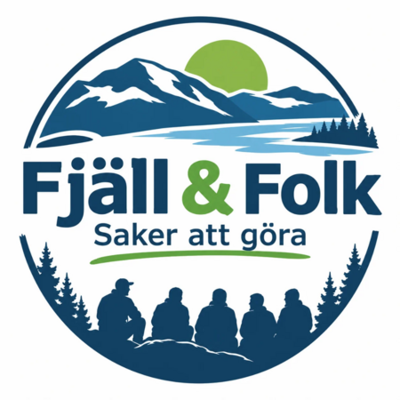 Logotyp med siluetter av fem personer, fjäll, sjö, skog och texten 'Fjäll &amp; Folk Saker att göra'.