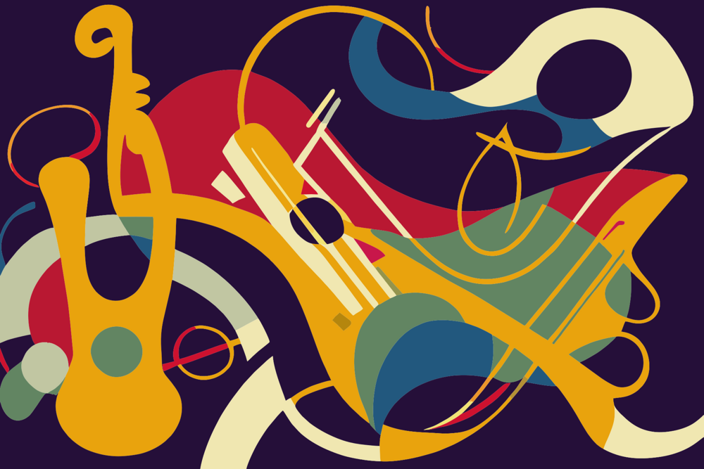 Abstrakt illustration av musikinstrument, inklusive trumpet och saxofon, i starka färger mot mörk bakgrund.