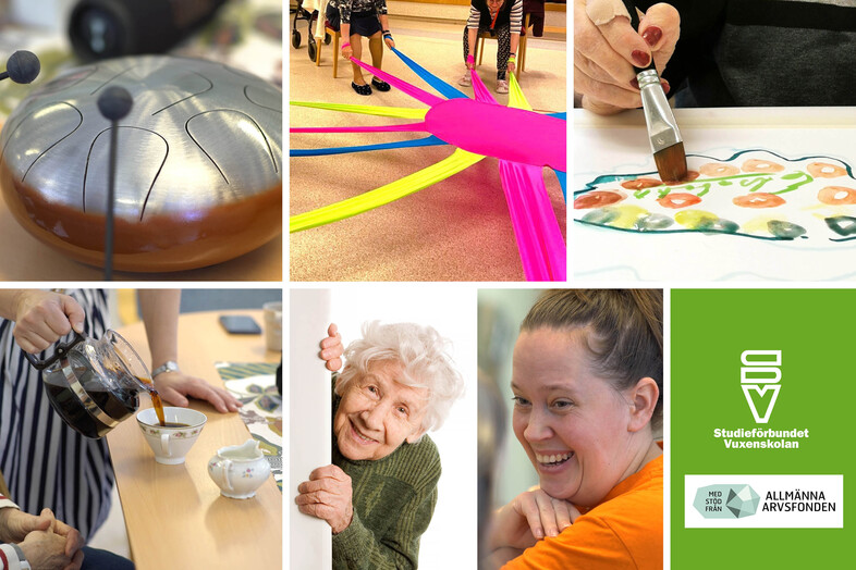 Kollage med aktiviteter för äldre, inklusive musik, målning, bandlek, kaffestund och glada människor.