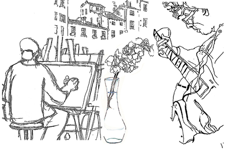 Streckteckning av konstnär som målar, en gitarrist och en vas med blommor, samt hus i bakgrunden.
