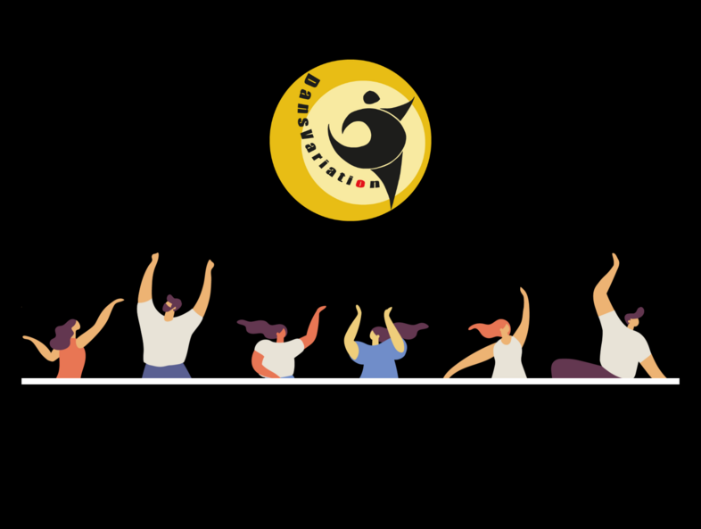 Illustration av sex personer som dansar under en gul logotyp med texten 'Dansinspiration' mot svart bakgrund.