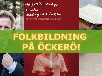 Kollage med texten 'Folkbildning på Öckerö!' över bilder av en man i kostym, en kvinna i röd klänning och en träslöjdsbänk.