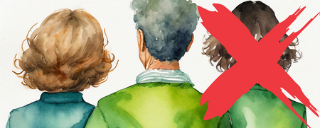 Tre personer står med ryggen mot kameran, en av dem är överkryssad med ett rött kryss.