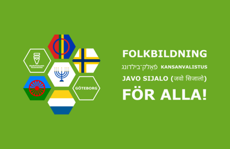 Grön bakgrund med hexagoner, symboler och texten 'Folkbildning för alla!' på flera språk.