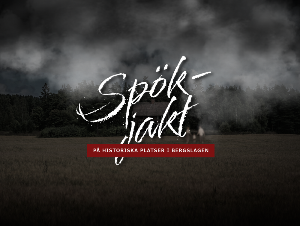 Mörk och dimmig landskapsbild med ett hus i bakgrunden, texten 'Spökjakt på historiska platser i Bergslagen' syns.