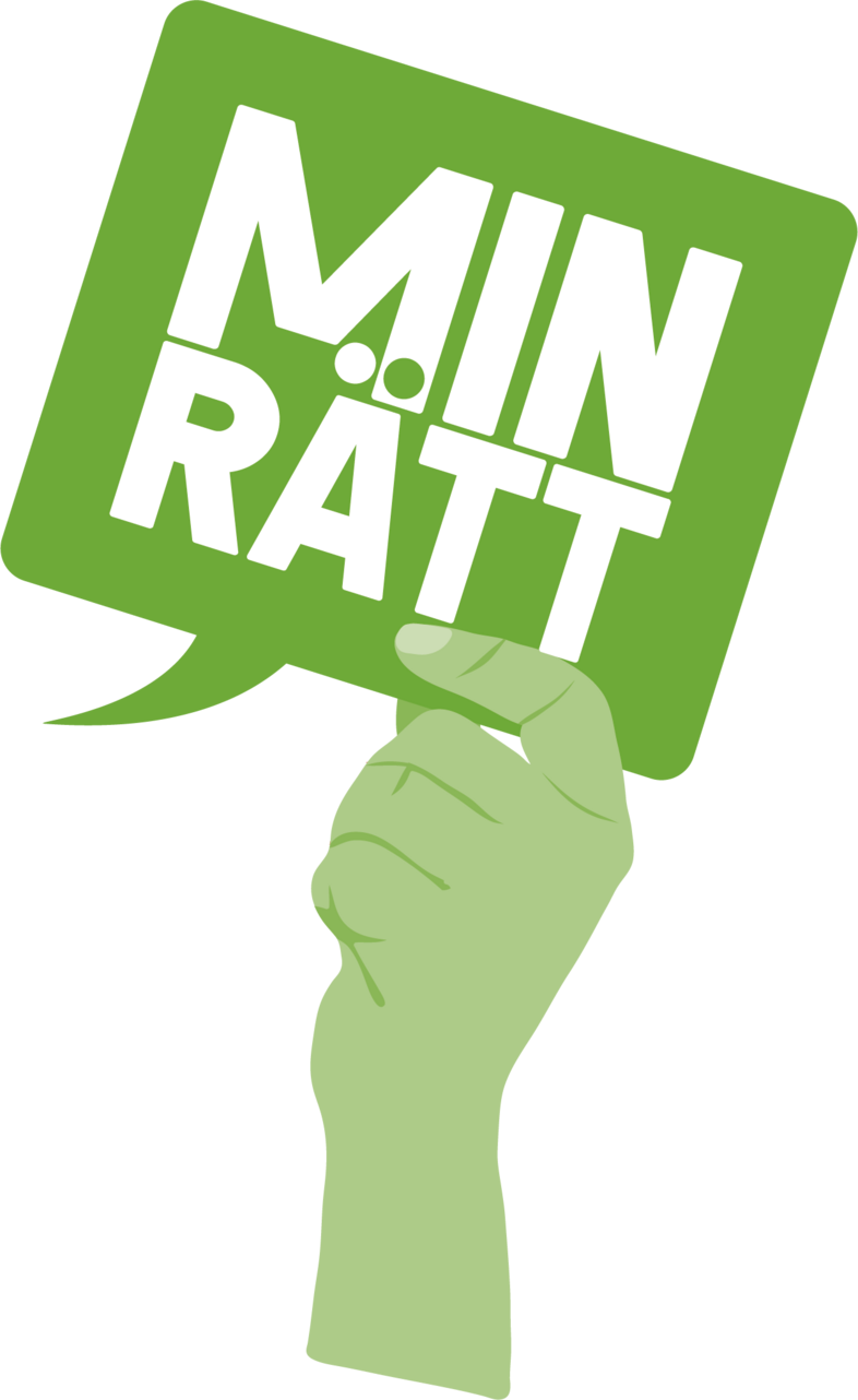 En grön tecknad hand håller upp en pratbubbla med texten 'Min rätt' i vitt.