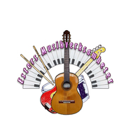 Logotyp med gitarr, piano, trumstockar, elgitarr och texten 'Esters MusikVerksamheter'.