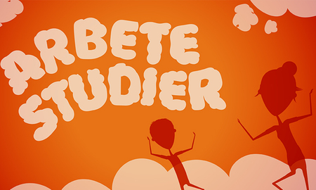 Texten 'Arbete Studier' i stora vita bokstäver på orange bakgrund med två tecknade figurer.