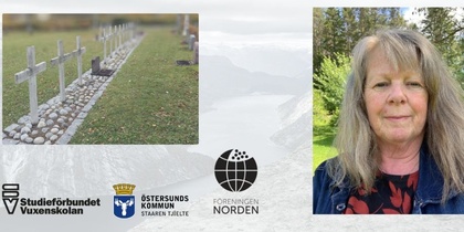 Två bilder: en rad gravkors på en kyrkogård och en person utomhus med långt hår. Logotyper för tre organisationer syns nedtill.