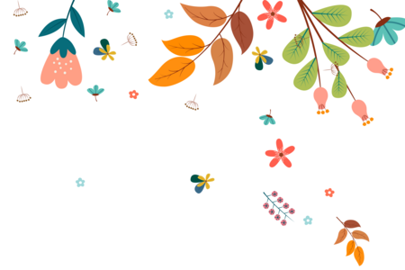 Illustration av färgglada blommor och löv i hörnen mot en vit bakgrund.