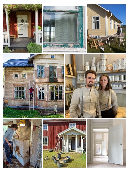 Kollage av bilder som visar renovering och restaurering av gamla trähus, inklusive målning, fönster och byggmaterial.