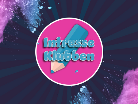Logga med texten "IntresseKlubben" skrivet i turkost, illustration av en turkos blyertsfärgpenna, färgstänk och grafiskt mönster i bakgrunden. 