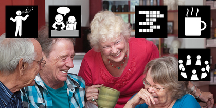 Fyra äldre personer skrattar och dricker kaffe tillsammans, med symboler för samtal, sång och gemenskap ovanför dem.