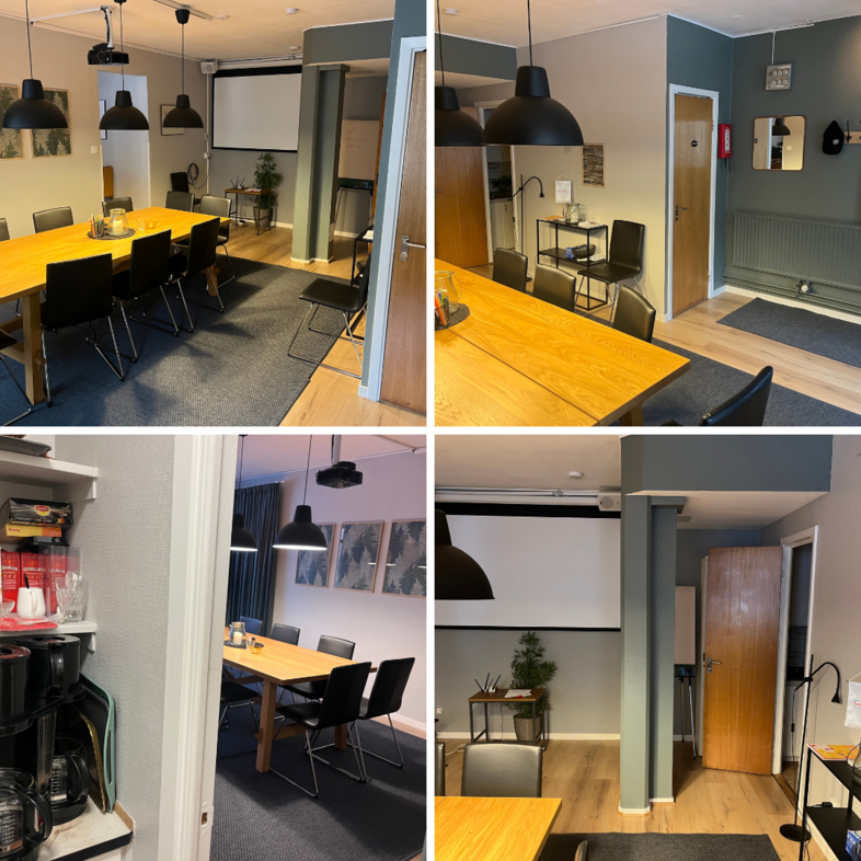 Fyra bilder av ett modernt konferensrum med bord, stolar, projektor, kaffehörna och grå väggar.