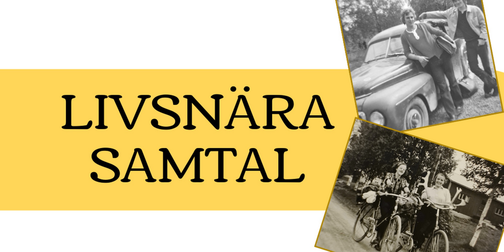 Texten 'Livsnära samtal' med två svartvita foton på människor vid en bil och på cyklar.