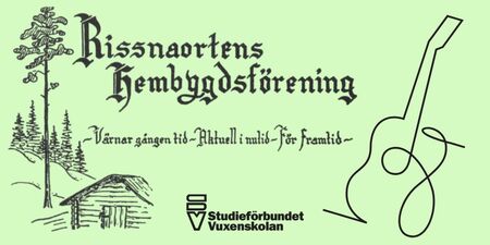 Affisch med texten 'Kissnaortens hembygdsförening', en stuga, träd och en stiliserad gitarr på ljusgrön bakgrund.