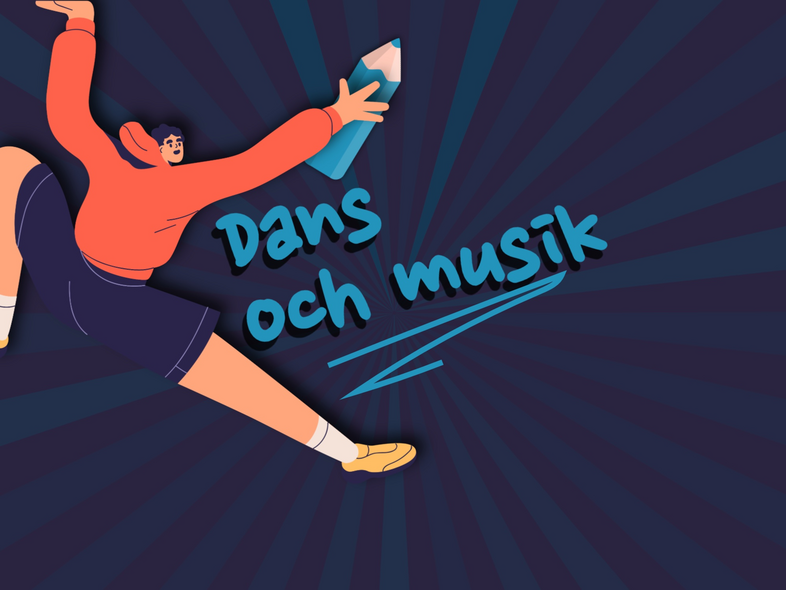 Illustration av en person som dansar och håller en stor penna, med texten 'Dans och musik' på lila bakgrund.