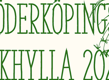 Illustration med gröna växter och texten 'Söderköpings bokhylla 2026' i grön stiliserad font.