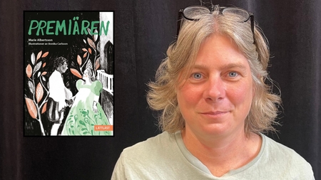 Bokomslag till 'Premiären' och person med glasögon och ljust hår mot svart bakgrund.