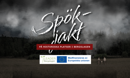 Mörk, dimmig landskap med ett hus, texten 'Spökjakt på historiska platser i Bergslagen' och suddiga figurer i förgrunden.