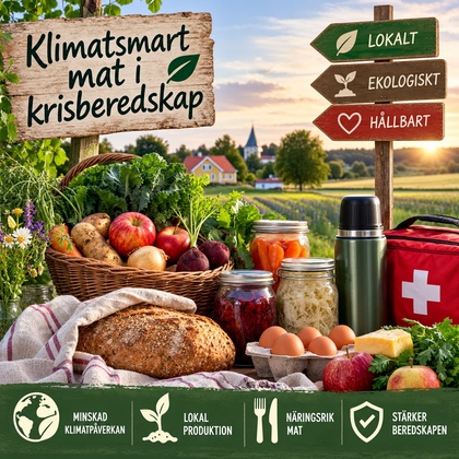 Korg med grönsaker, bröd, ägg och konserver utomhus, skyltar om klimatsmart och lokal mat, landsbygd i bakgrunden.