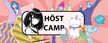 Färgglad illustration med animefigurer, en tecknad katt med enhörningshorn och texten 'Höst Camp'.
